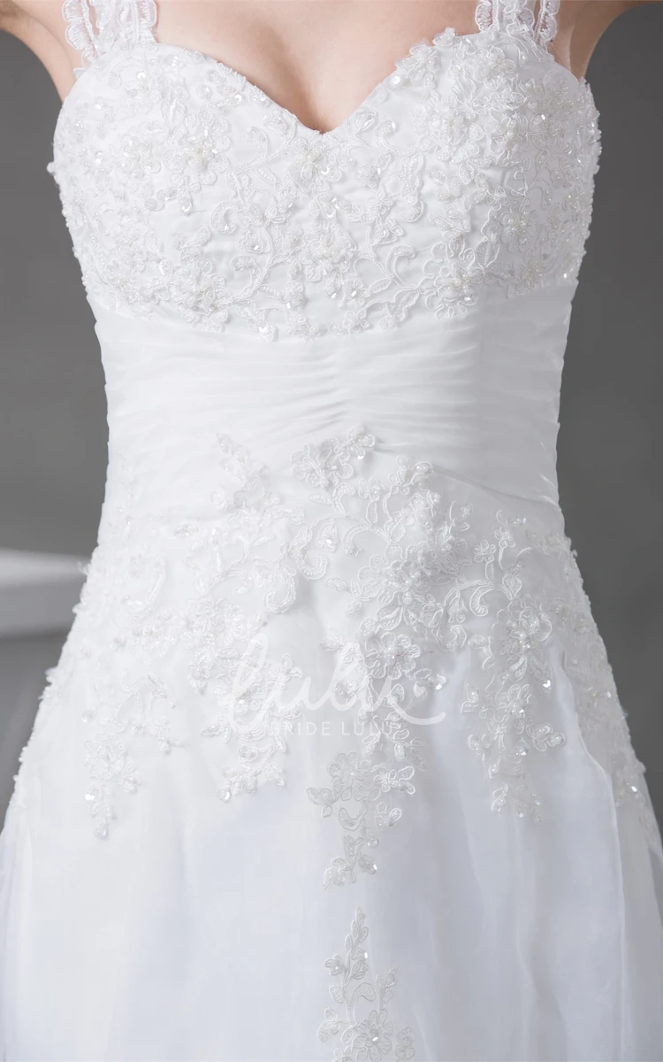 Lace A-Line Wedding Gown with Ruching and Beading Strapped Sleeveless