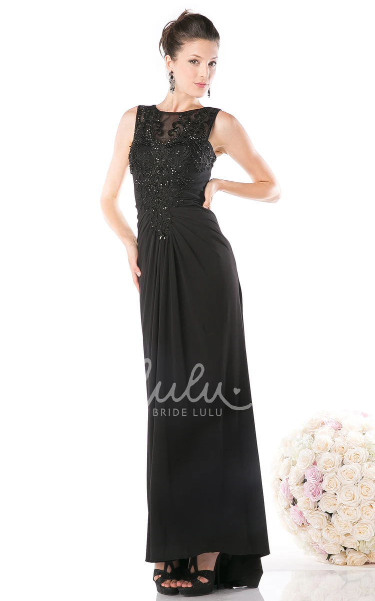 Chiffon Illusion Sheath Bridesmaid Dress with Beading and Ruching Long Scoop-Neck Sleeveless