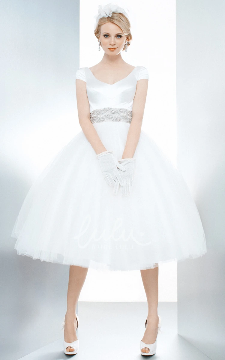 Cap Sleeve V-Neck Tulle A-Line Wedding Dress with Jeweled Bow