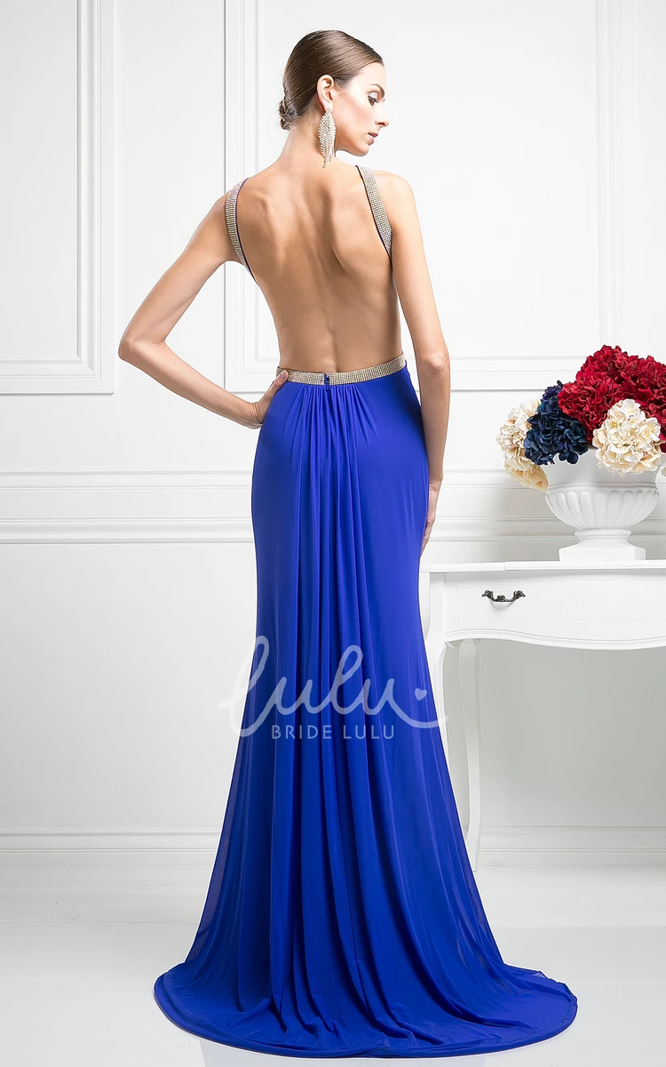 Chiffon Backless Sheath Formal Dress with Split Front and Pleats