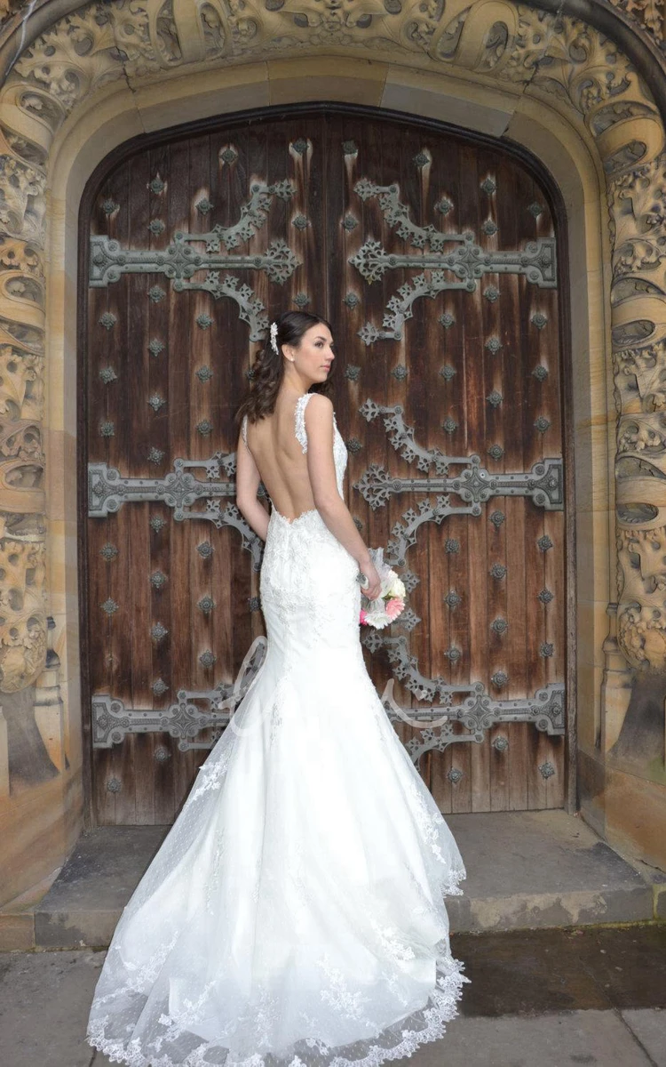 Fit and Flare V-Neck Lace Wedding Dress with Open Back