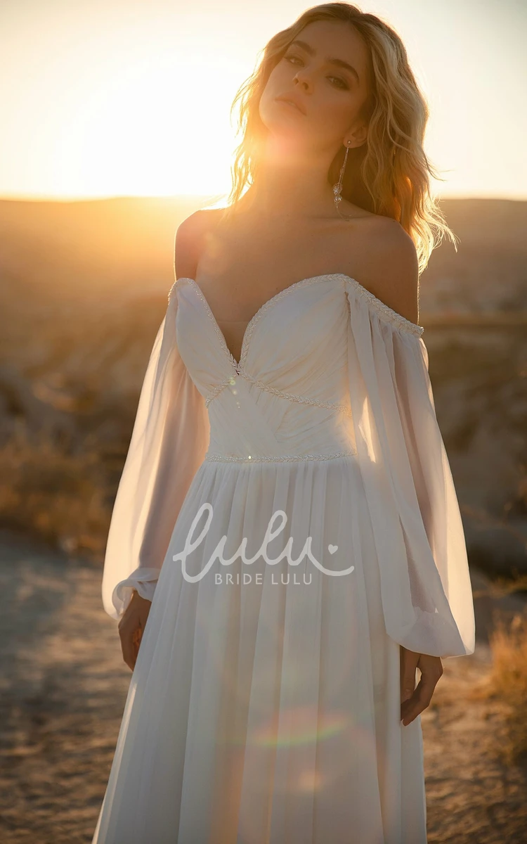 A-Line Off-the-shoulder Sweetheart Neckline Satin Long Sleeve Wedding Dress