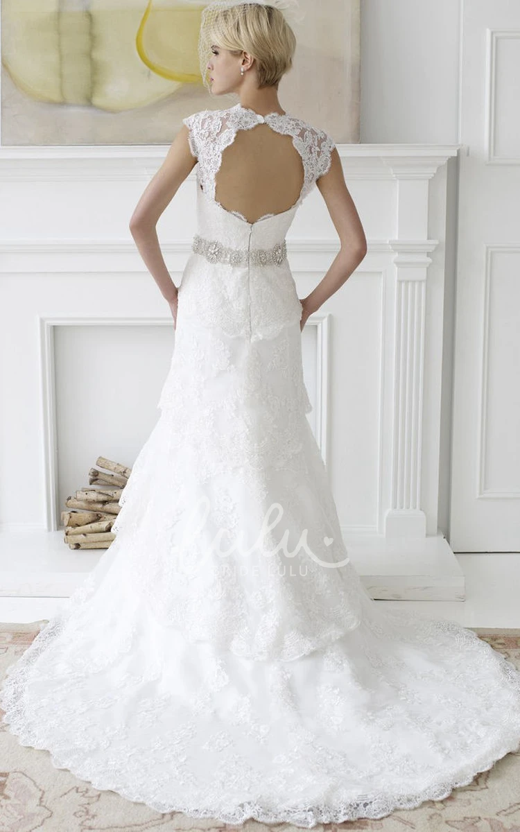 Lace Cap-Sleeve Tiered Wedding Dress with Court Train and Sweetheart Neckline