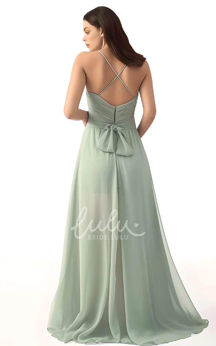 Sexy A-Line Chiffon Spaghetti Bridesmaid Dress with Front Split Modern Wedding Dress