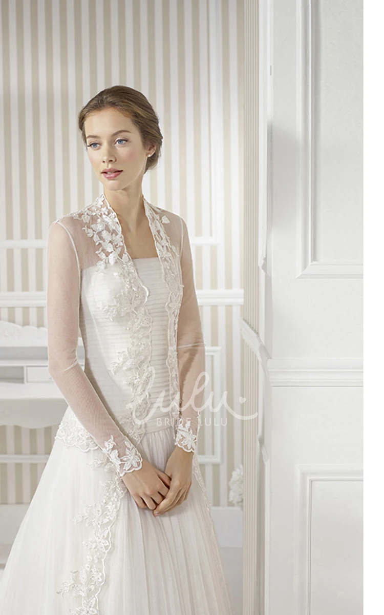Appliqued Tulle Long-Sleeve Wedding Dress with Illusion and Sweep Train