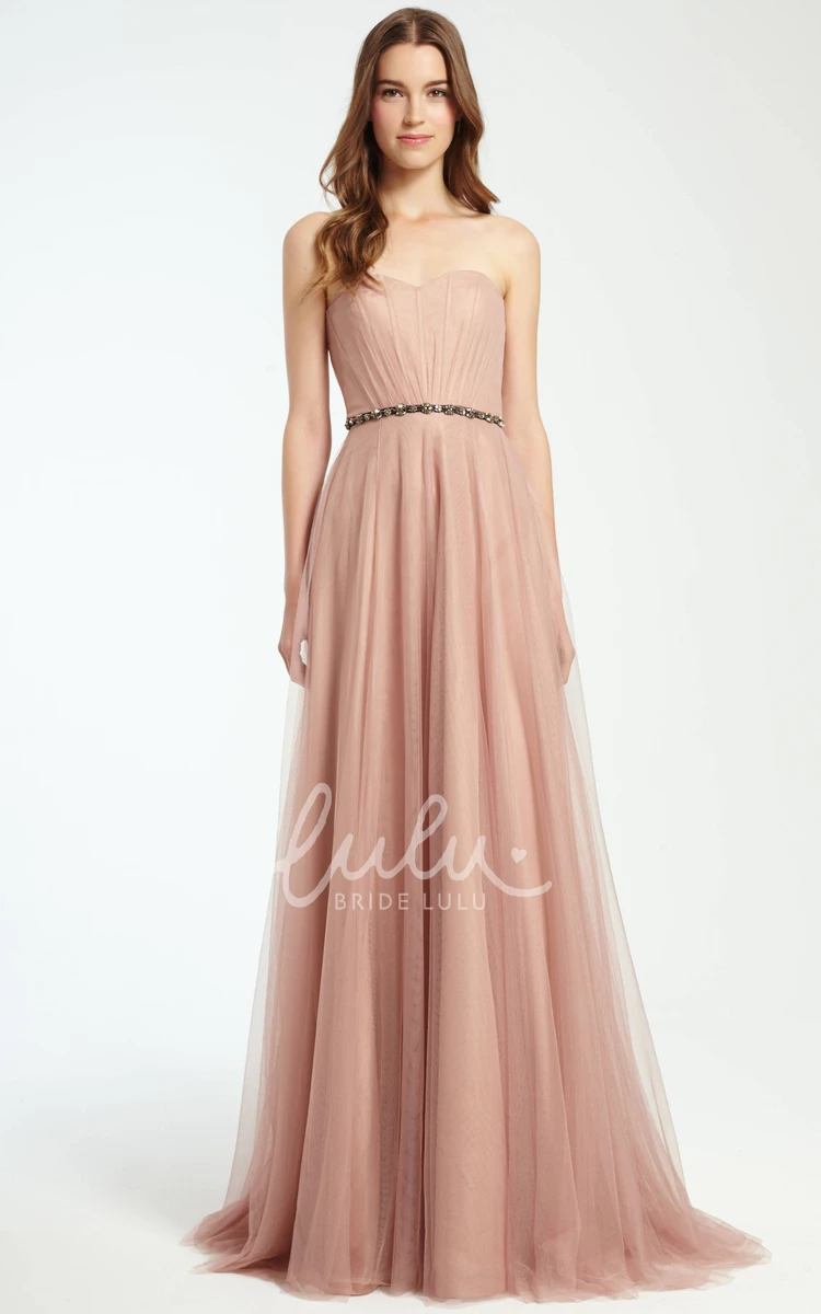 Strapless Tulle Bridesmaid Dress with Ruched Bodice and Waist Jewelry Modern Bridesmaid Dress