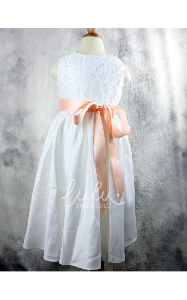 Lace Flower Girl Sleeveless Bodice Wedding Party Dress With Sash and Bow