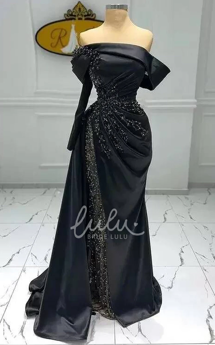 A Line Satin Long Sleeve Formal Dress with Ruching Modern Prom Dress