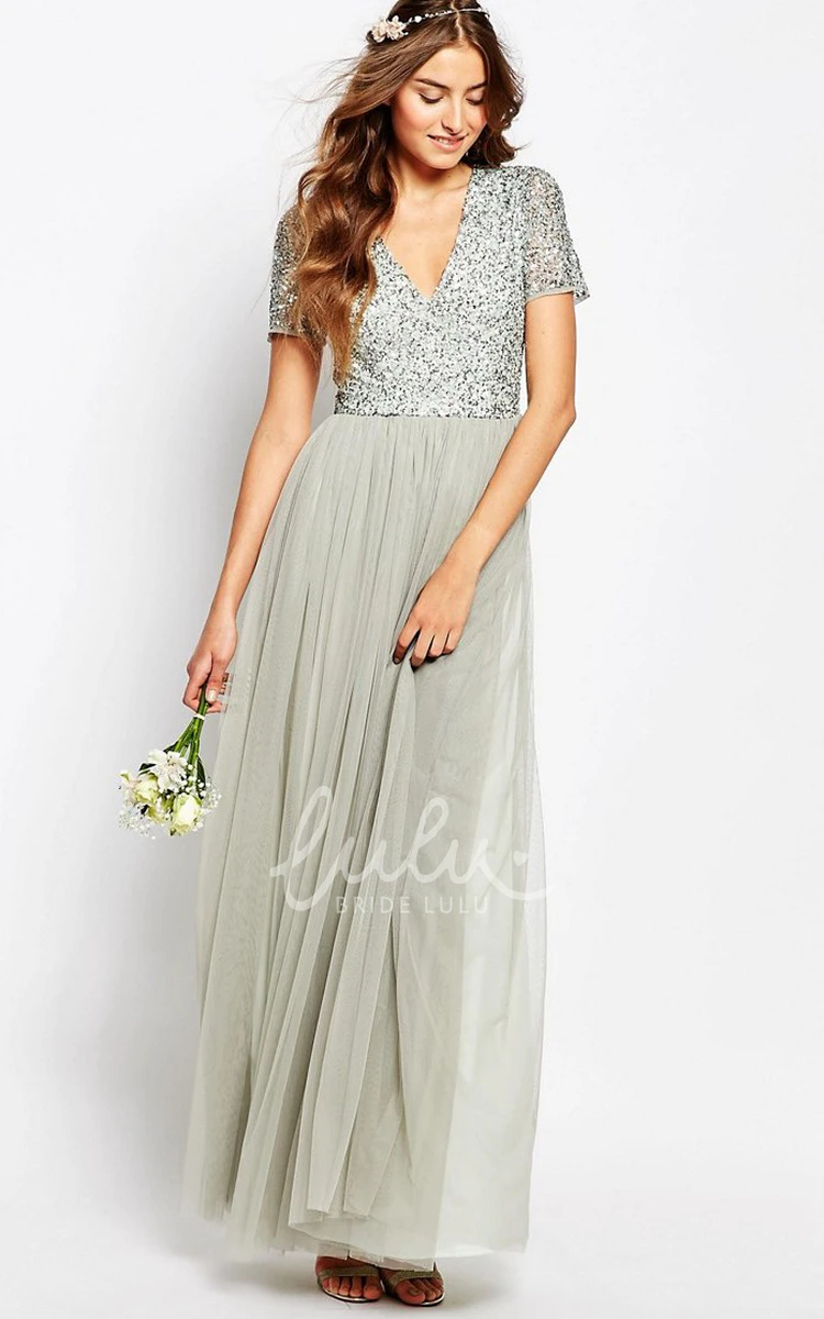 Chiffon A-Line V-Neck Floor-Length Beaded Short-Sleeve Pleated Bridesmaid Dress