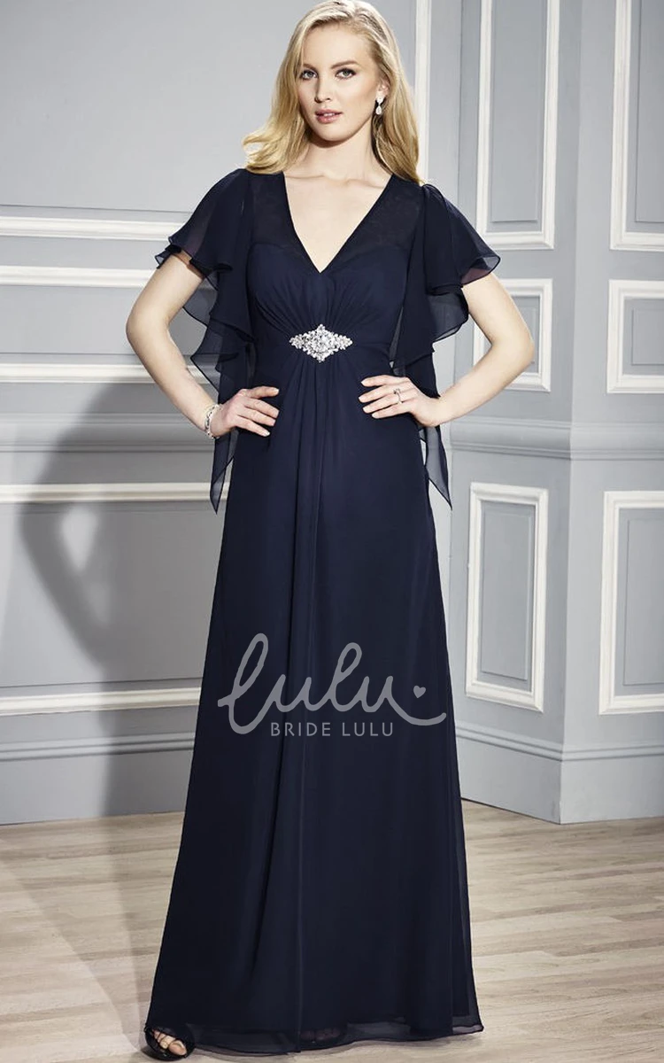 Jeweled Chiffon Poet Sleeve Mother Of The Bride Dress with V-Neck Elegant Formal Dress