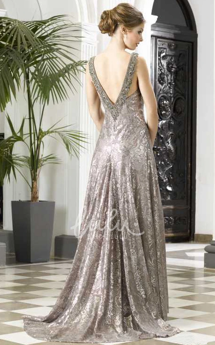 Beaded Sleeveless Sheath Prom Dress with Sequins and Low-V Back