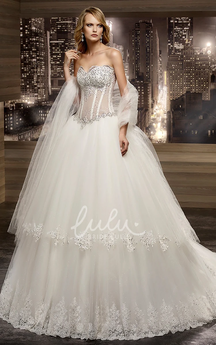 Beaded Illusion Corset A-Line Wedding Dress with V-Waist and Tiered Skirt