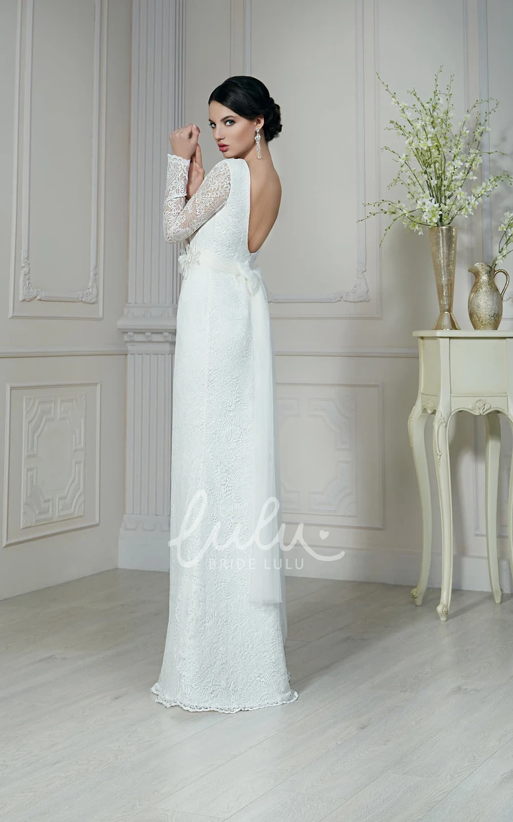 Lace Sheath Wedding Dress with Illusion Sleeves and Low V-Back