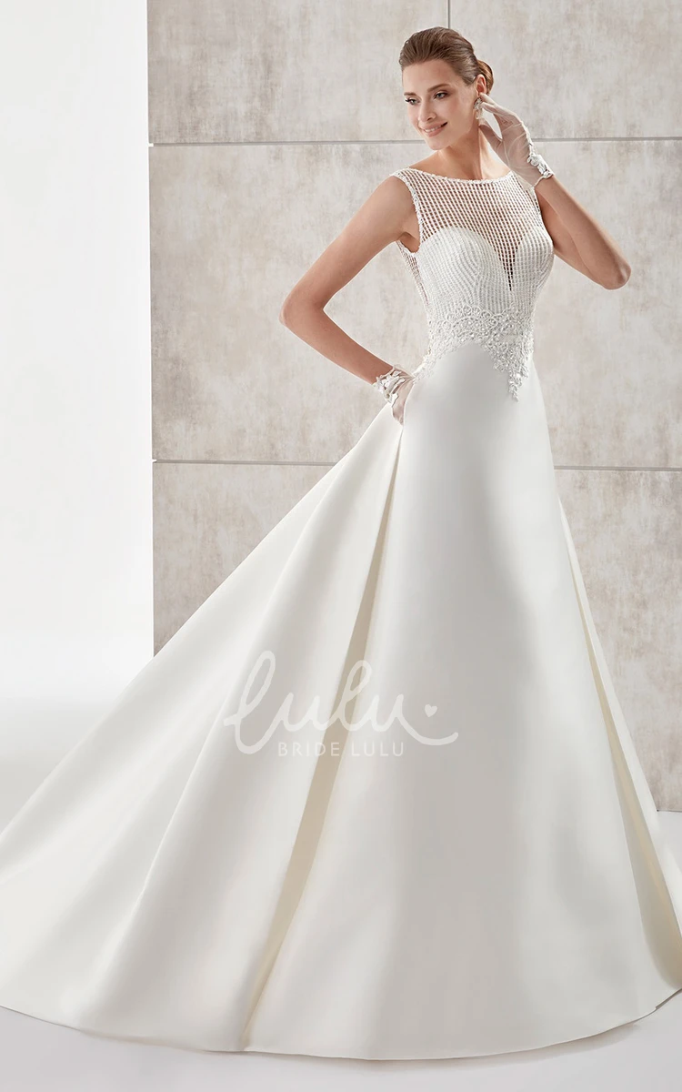 Satin A-Line Wedding Dress with Lace Bodice and Open Back Classic Bridal Gown