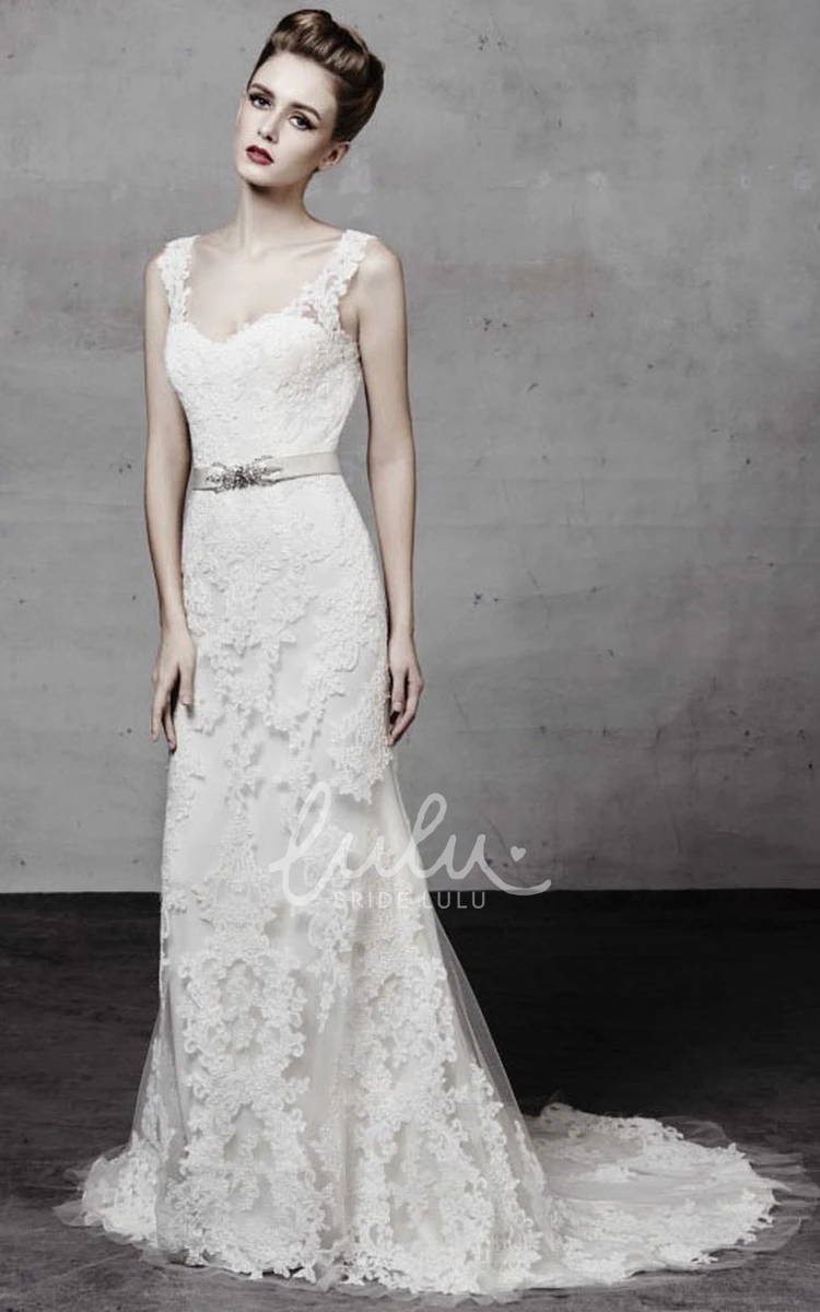 V-Neck Appliqued Lace Wedding Dress with Waist Jewelry A-Line Floor-Length