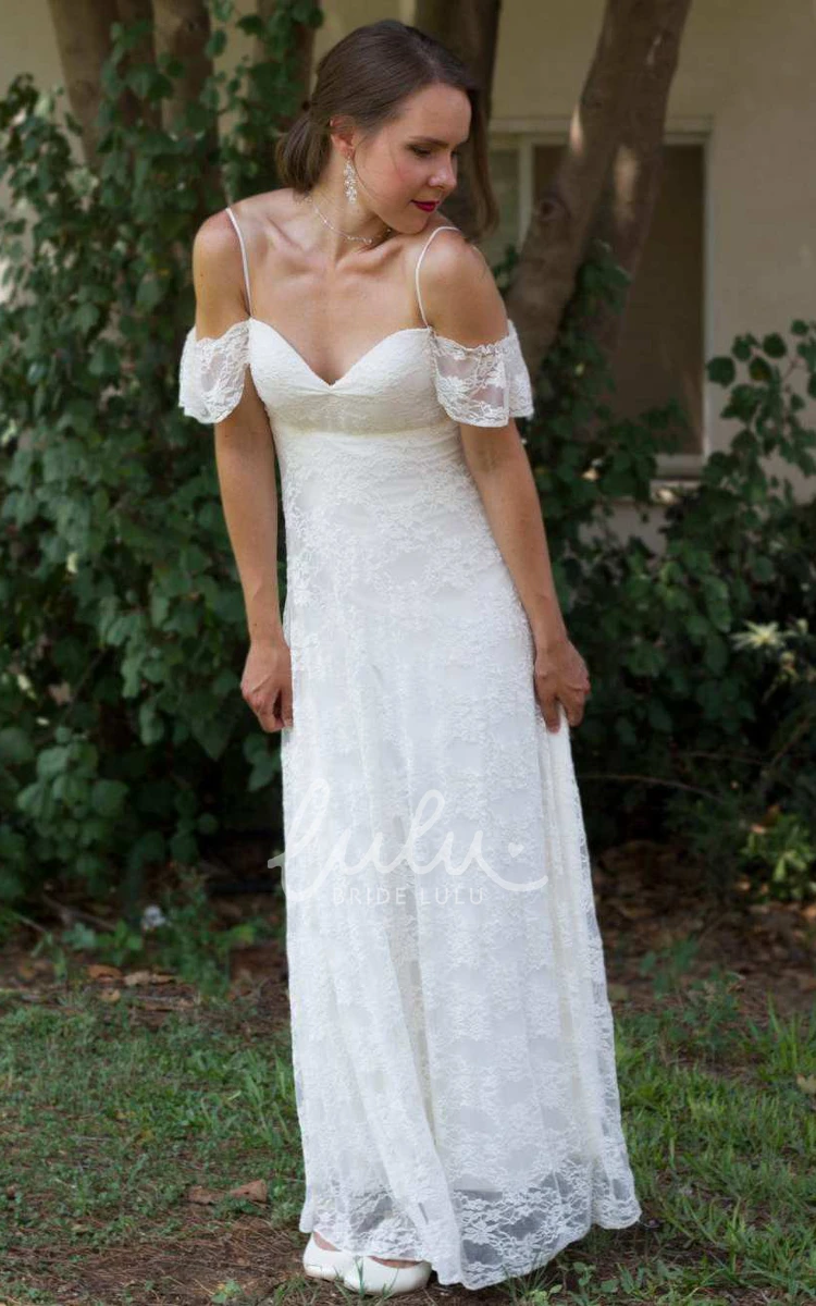 Boho Spaghetti Strap Off-The-Shoulder Lace Pleated Floor-Length Sheath Wedding Dress