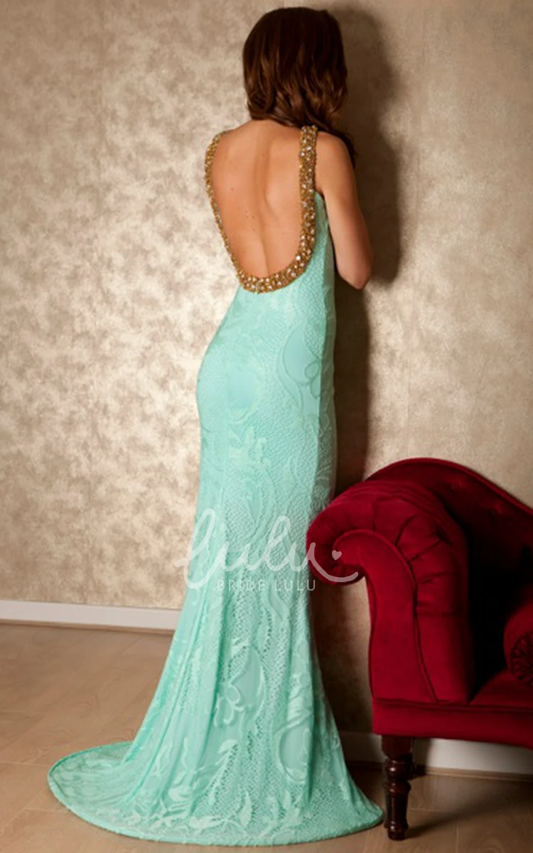 Long Appliqued Lace Prom Dress with Backless Style Sheath Sleeveless
