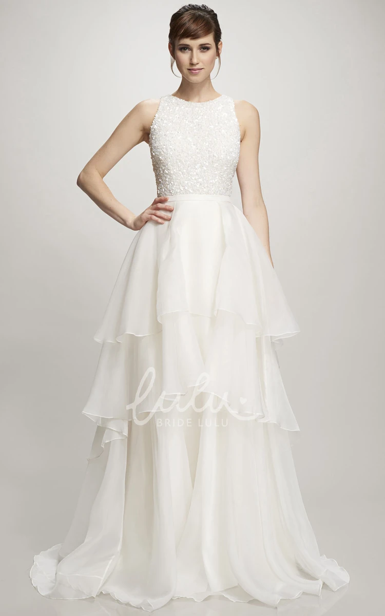 Beaded Organza A-Line Wedding Dress with Sleeveless and Tiers Zipper Back