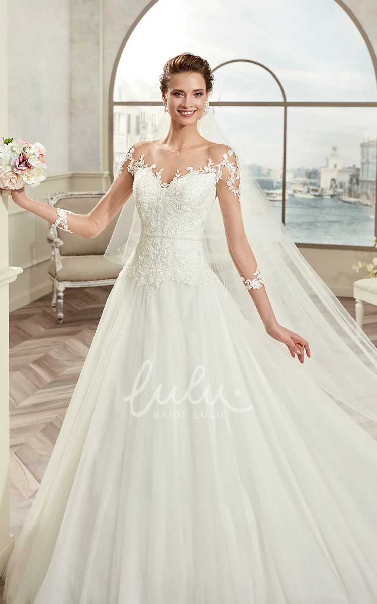 A-Line Wedding Dress with Illusive Design and Lace Appliques Sweetheart Style