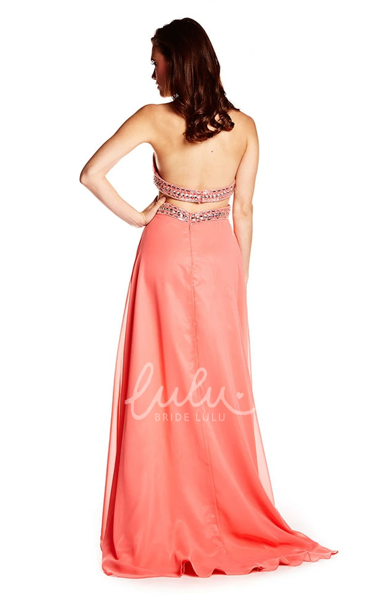 Beaded Chiffon Prom Dress with Brush Train Halter Sleeveless