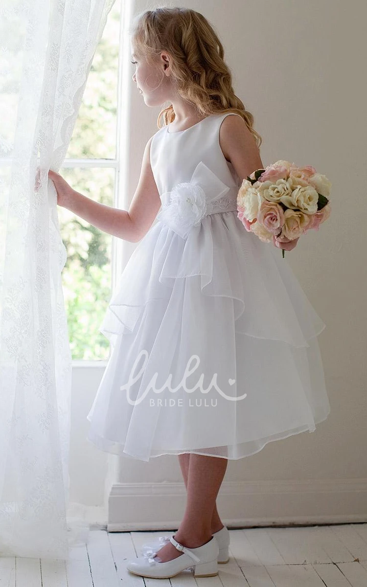 Tea-Length Flower Girl Dress with Lace & Organza Appliques Bows and Tiers