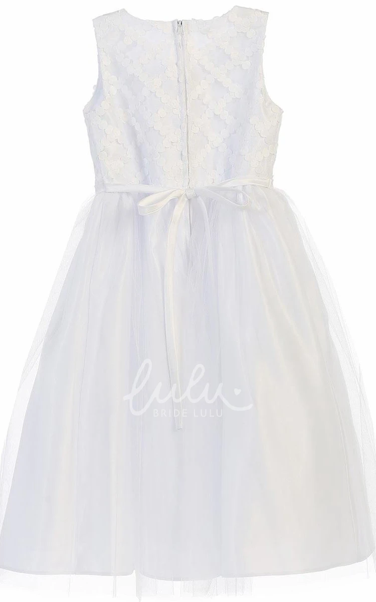 Sleeveless Tea-Length Tulle and Satin Girl Dress with Bow