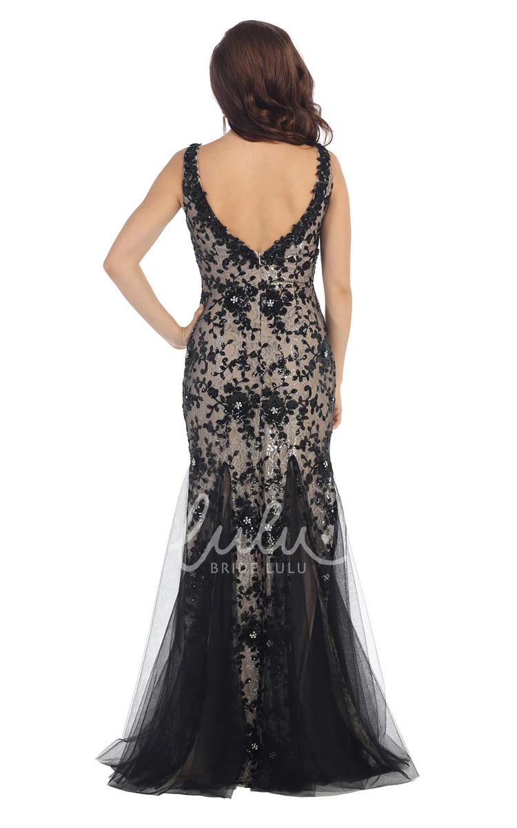 Sleeveless Scoop-Neck Tulle Dress with Appliques and Sequins for Prom