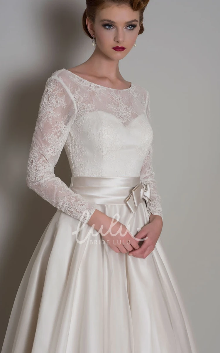 Satin&Tulle Floor-Length A-Line Wedding Dress with Bow Lace Long-Sleeve Bridal Gown