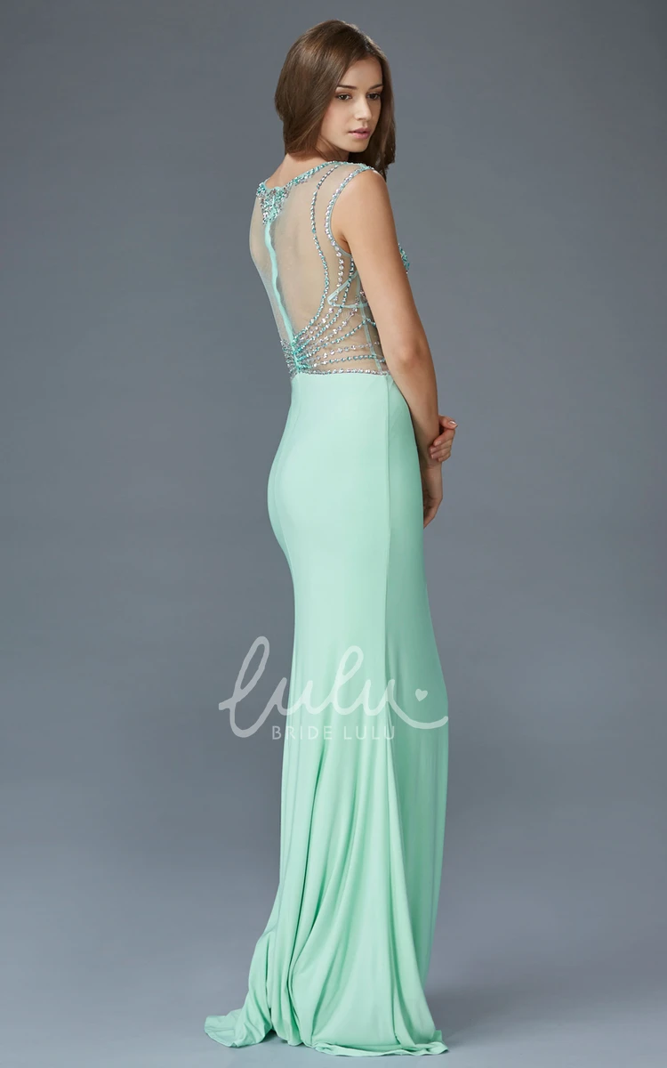 Jersey Sheath Illusion Bridesmaid Dress with Beading and Scoop Neck