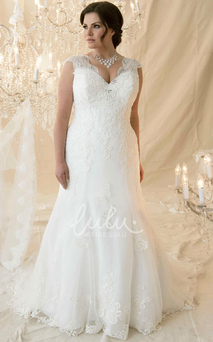 Trumpet Cap-Sleeve Beaded V-Neck Lace Plus Size Wedding Dress with Corset Back Elegant Lace Wedding Dress