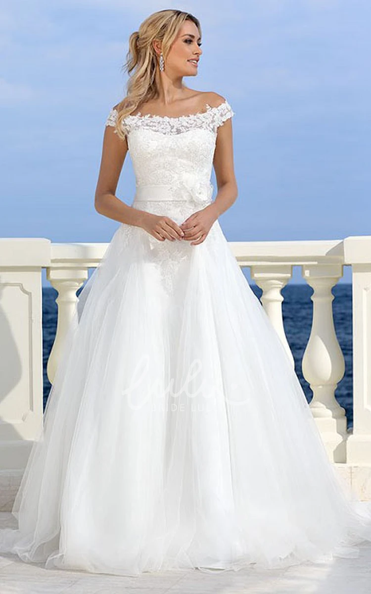 Long Bowed Appliqued Tulle Wedding Dress Off-The-Shoulder A-Line