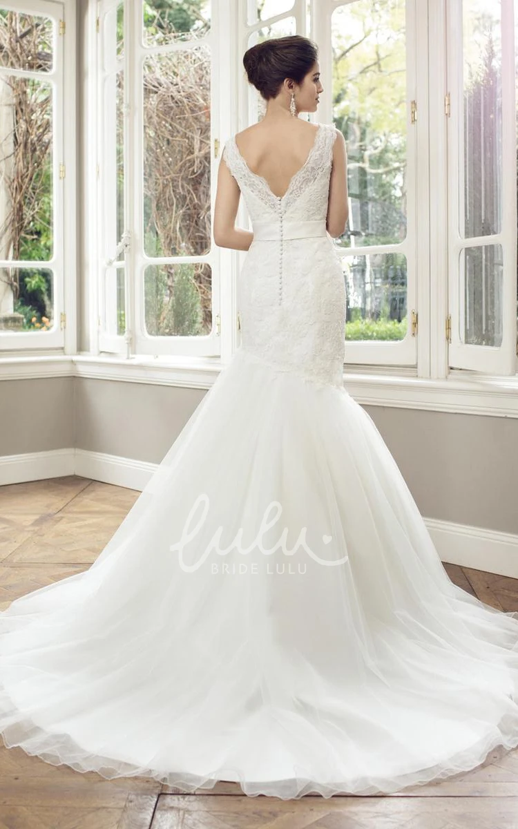 Floral Lace and Tulle Wedding Dress with V-Neck and Low V-Back Trumpet Style