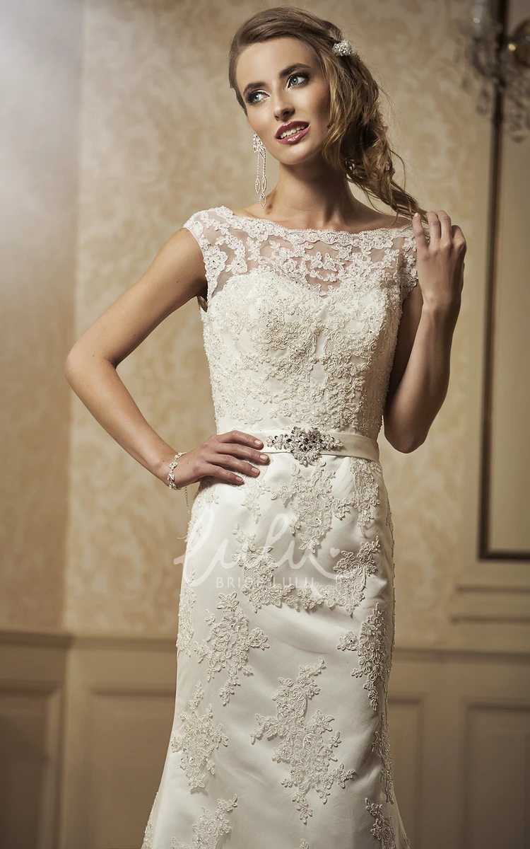 Lace Appliqued Cap-Sleeve Sheath Wedding Dress with Waist Jewelry and Bow Elegant Wedding Dress