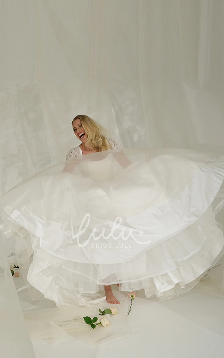 Lace Cap-Sleeve Tulle Wedding Dress with Court Train Elegant A-Line Style