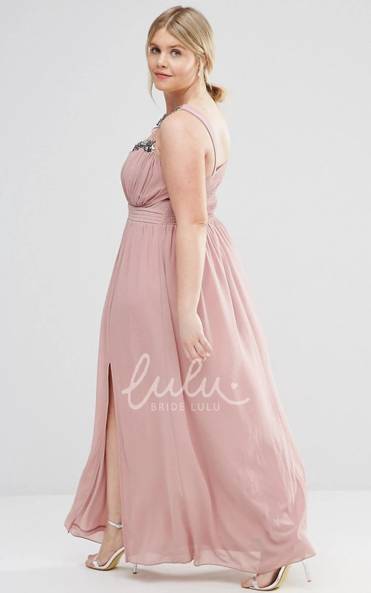 Ankle-Length Beaded Chiffon Bridesmaid Dress with Ruching A-Line Style