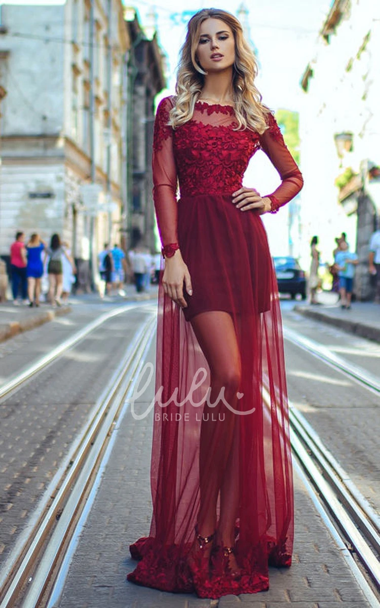 Long Sleeve Tulle Appliques A-Line Formal Dress with Bateau Neckline