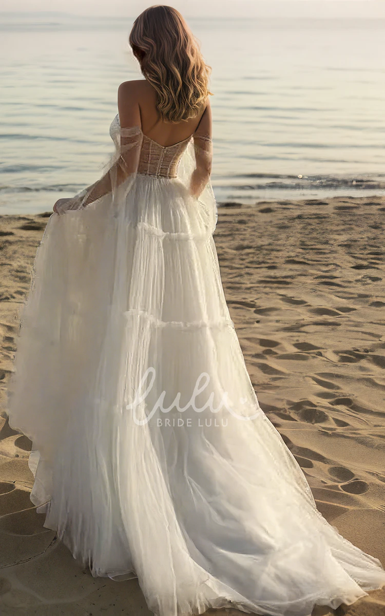 A-Line Off-the-shoulder Sweetheart Neck Fairy Fluttering Tulle Pleats Plus Size Floor-length Long Sleeve Wedding Bride Dress Backless Split