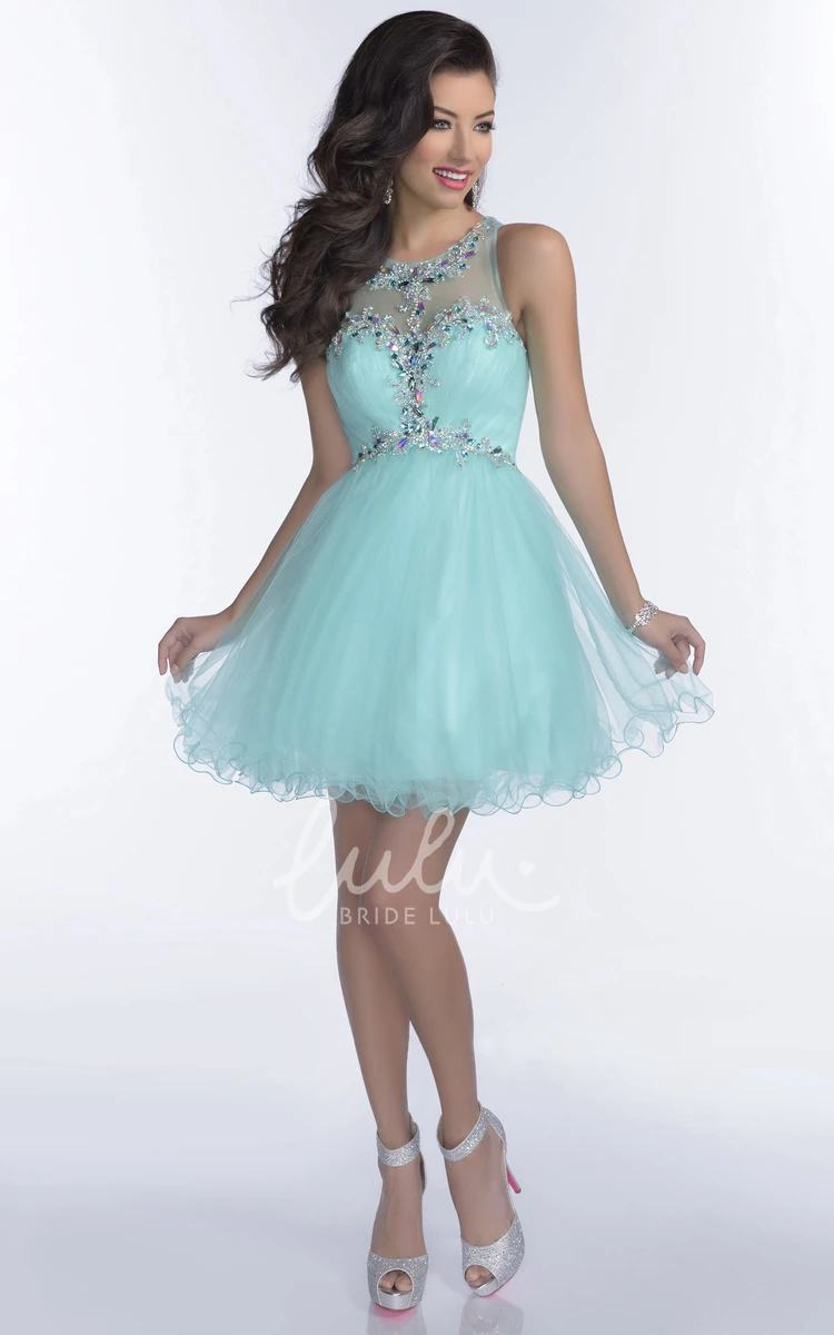 Crystal Embellished Sleeveless Mini A-Line Prom Dress with Tulle Skirt