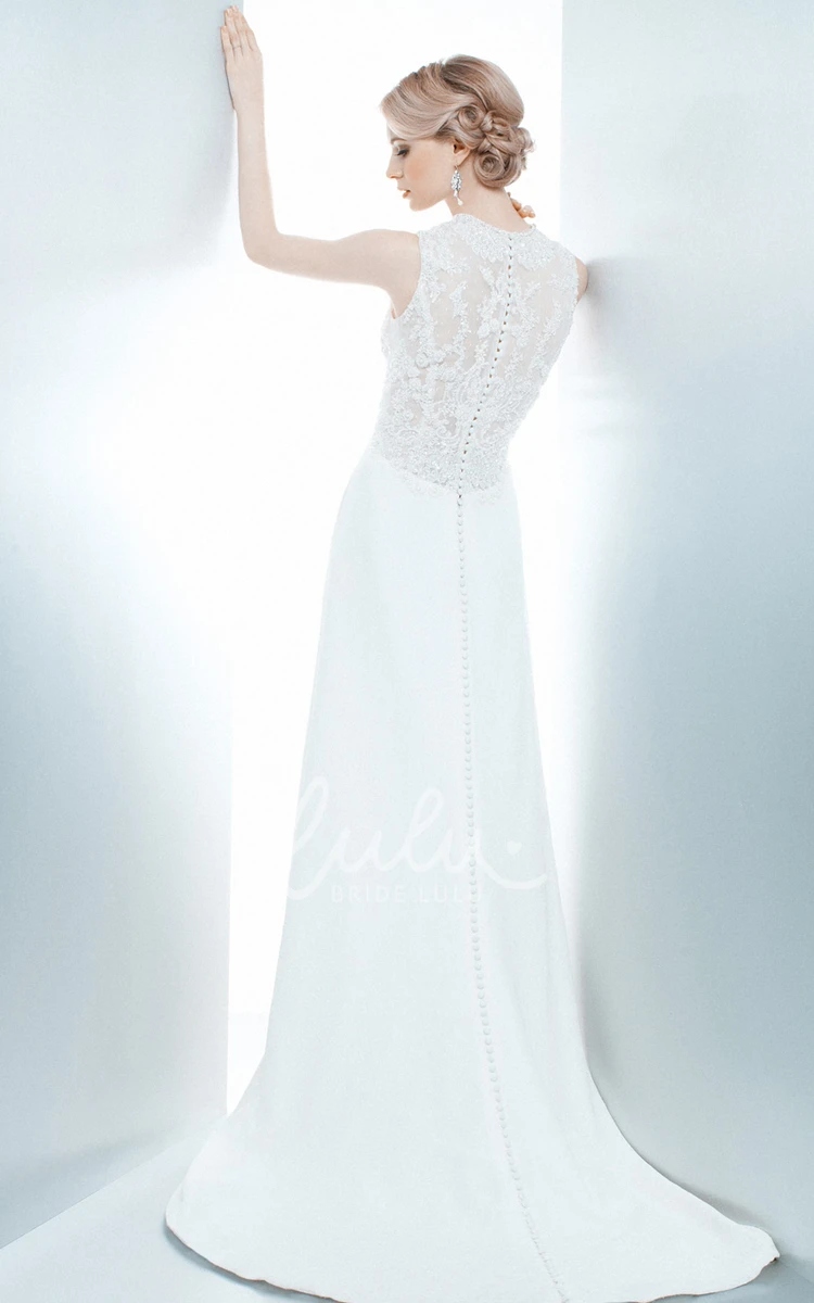 Sleeveless Jewel Lace and Satin Sheath Wedding Dress with Illusion Back