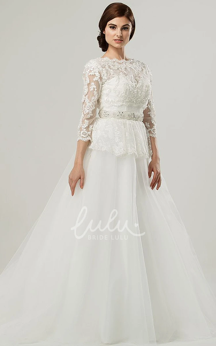 Cap-Sleeve Ball Gown Tulle Wedding Dress with Lace and Peplum Jeweled