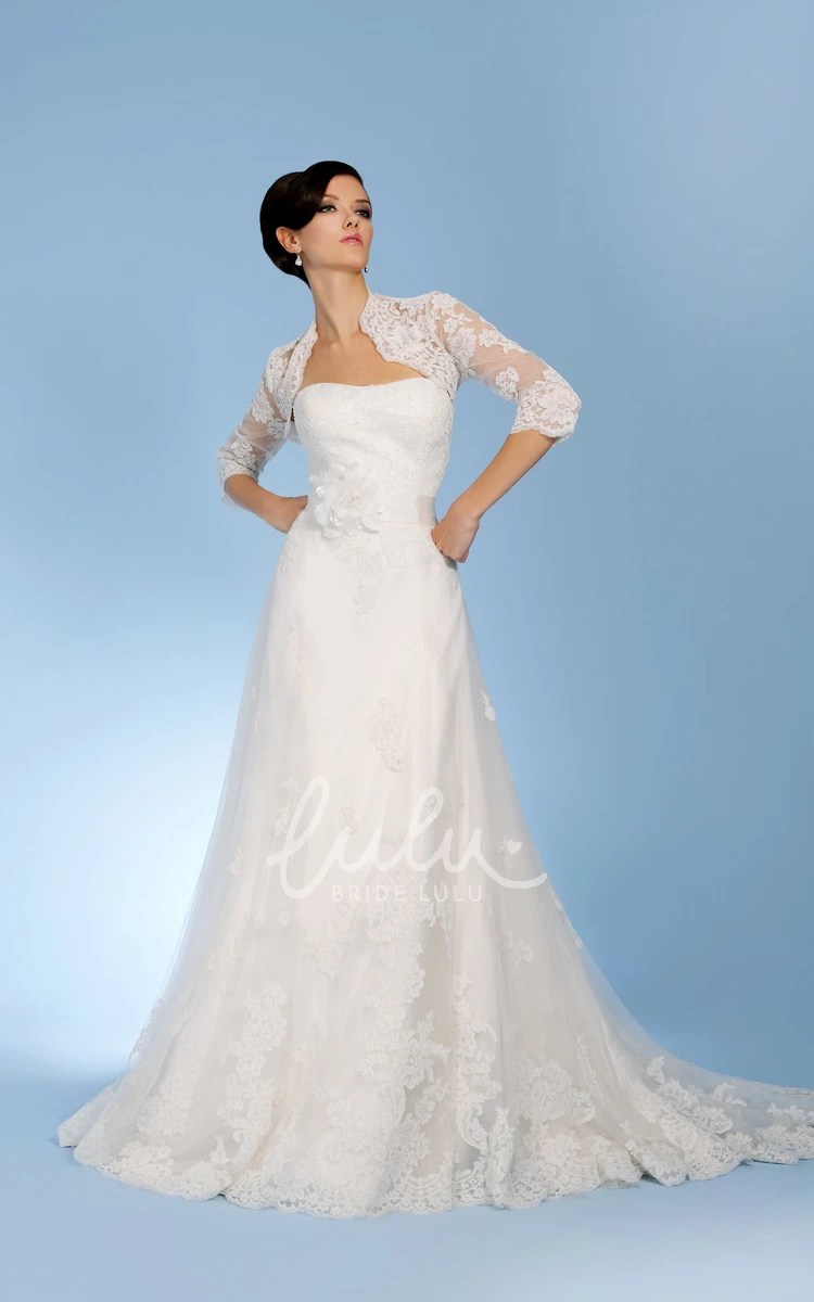 Caped Lace Wedding Dress with Appliques and Flower A-Line Strapless 3-4-Sleeve