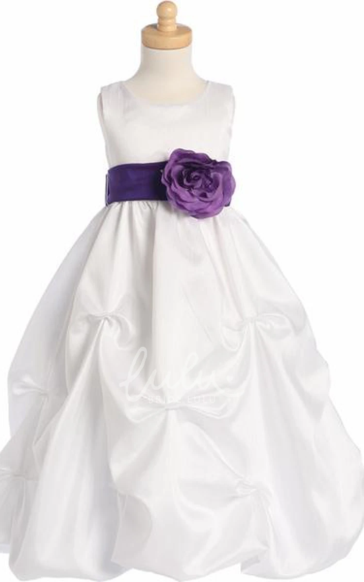 Organza Flower Girl Dress Ruched Floral Tea-Length with Sash