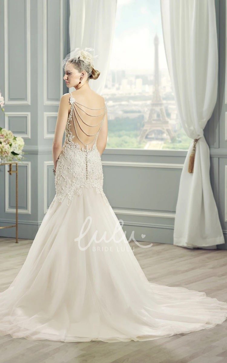 Sleeveless Lace Spaghetti A-Line Wedding Dress with Court Train and Backless Style