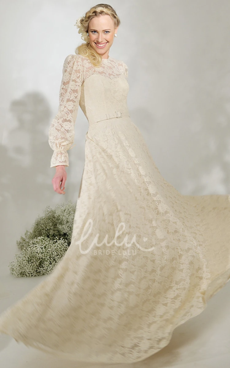 Long Sleeve Lace High Neck Wedding Dress with V Back and Sweep Train