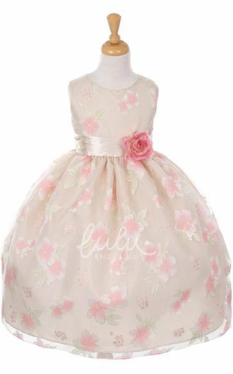 Organza and Satin Tiered Tea-Length Flower Girl Dress with Bow Detail