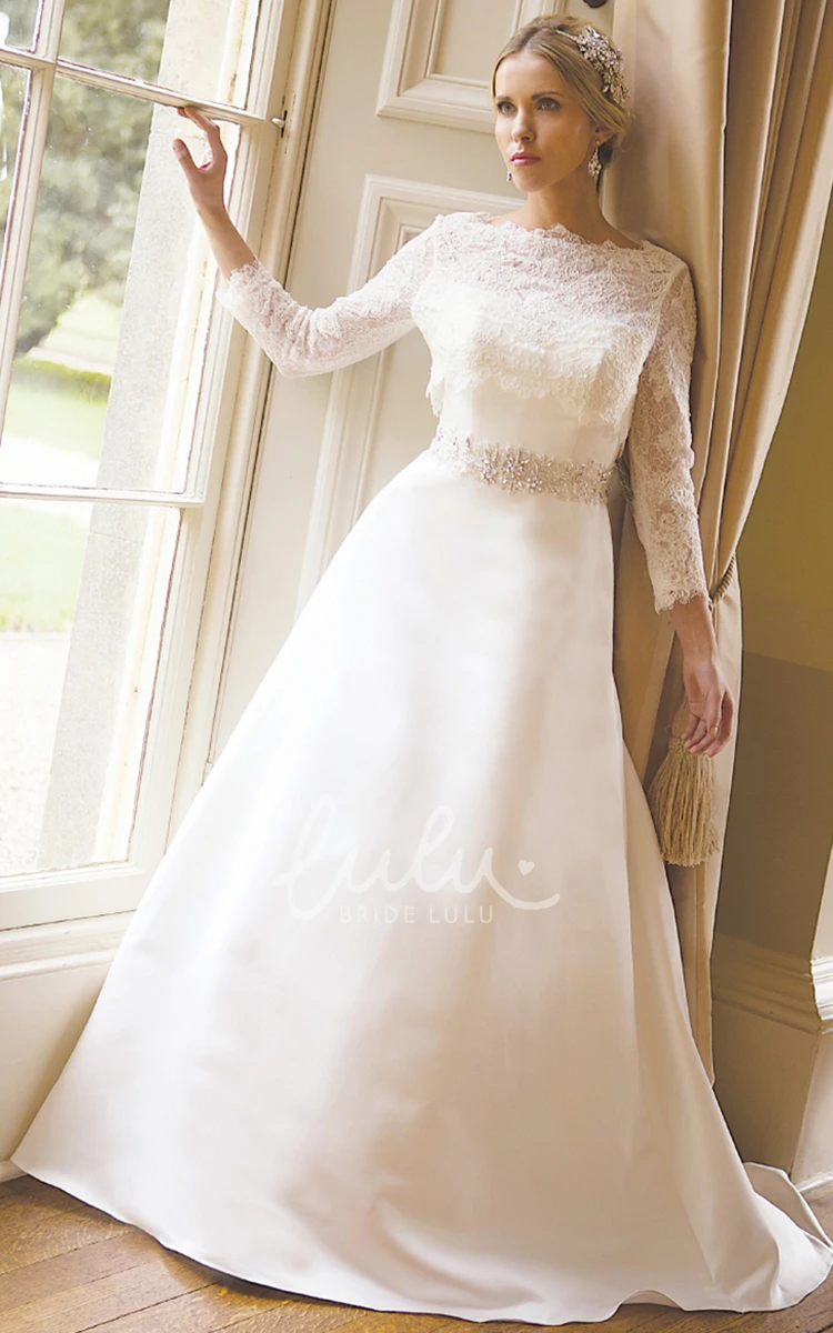 Satin Long Sleeve A-Line Wedding Dress with Bateau Neckline Classic Bridal Gown