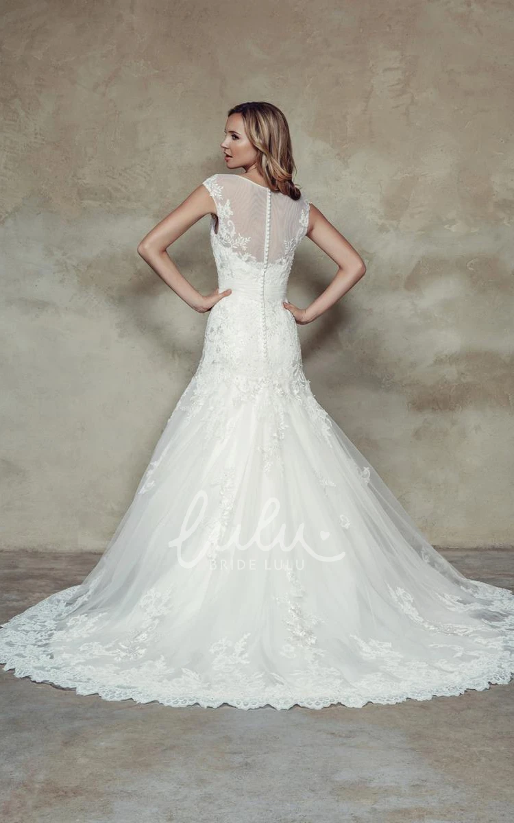 A-Line Lace Wedding Dress with Illusion Cap-Sleeve Scoop-Neck Dress