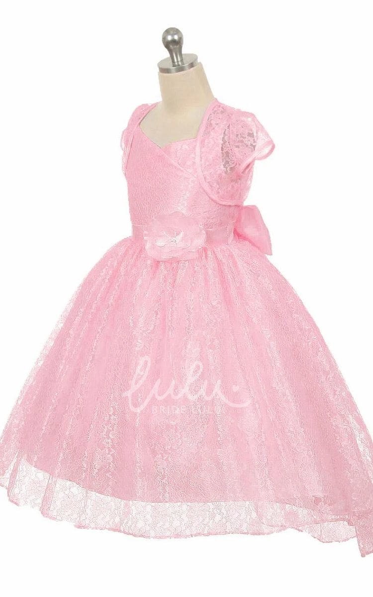 High-Low Lace Flower Girl Dress with Floral Design and Sash