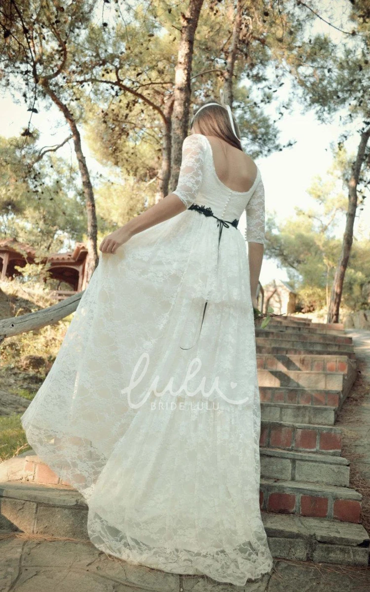 Illusion Sleeve Lace Wedding Dress with Scoop Neckline and Button Back