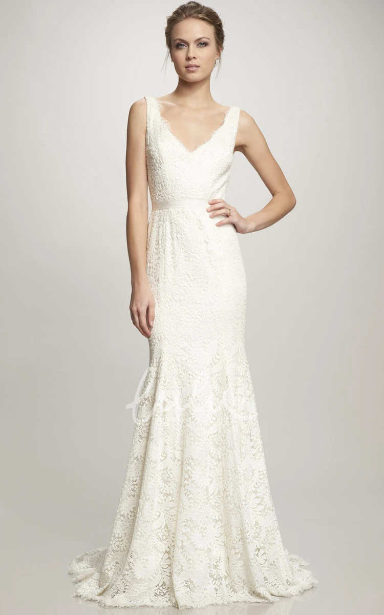 Sleeveless V-Neck Lace Wedding Dress with Ribbon and Keyhole Romantic Bridal Gown
